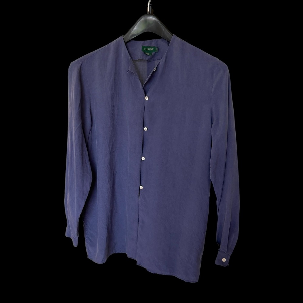 J.Crew Womens XS Silk Band Collar Button‎ Down Blouse Blue Purple Long Sleeve